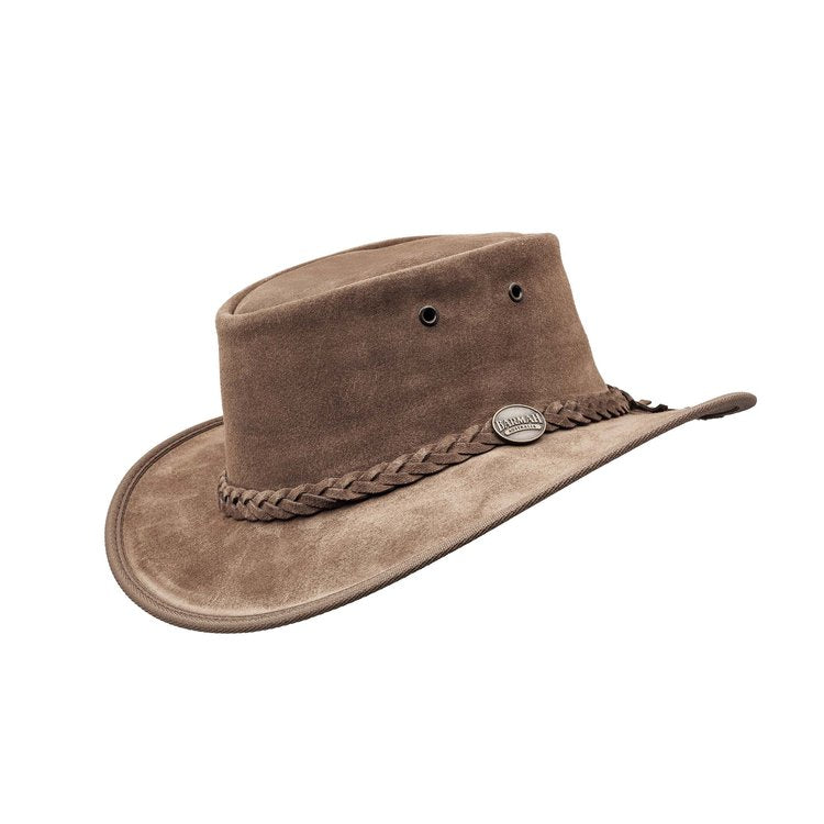 Barmah Hats Foldaway Leather Suede Royal Brown